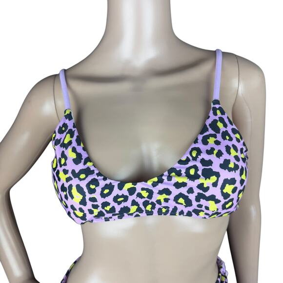 New Shekini Purple Black Leopard Print High Waist Scoop Neck 2 Pc Set Swimsuit M - Picture 2 of 11